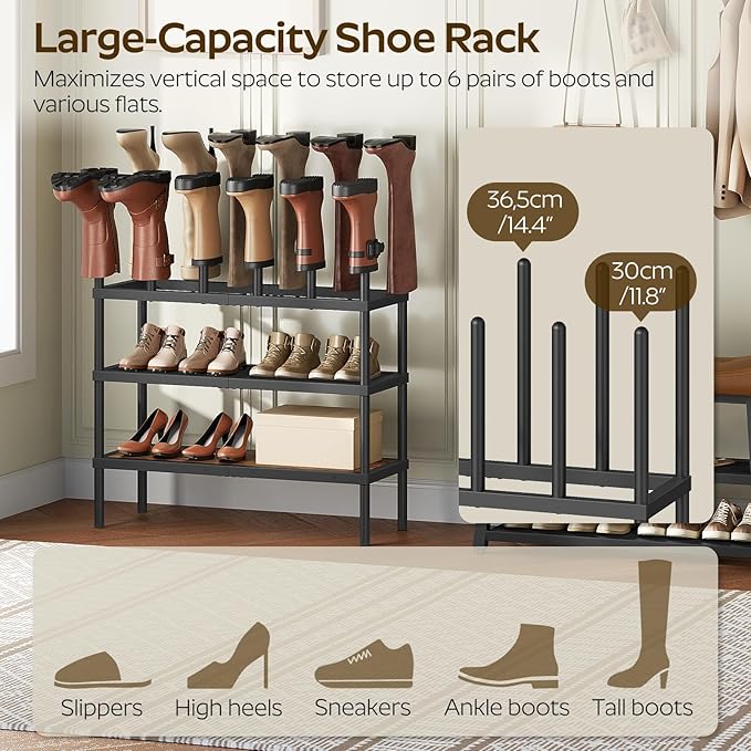 YATINEY Shoe and Boot Rack Organizer, Tall Boots Rack for Closet, Cowboy Shoes Storage, 4 Tier Shoe Racks Organizer Holds 14 Pairs, Black and Rustic Brown SS29BR