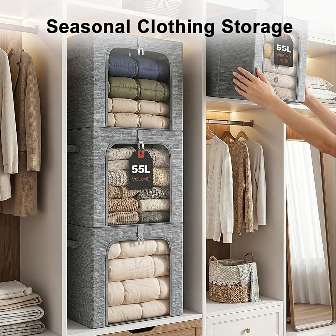 GoMaihe Blanket Storage Bins with Metal Frame, 6-Pack Large Closet Storage Bins with Lid & Clear Window, Comforter Bedding Storage Organizer for Walk-in Closet Cationic Fabric 55L