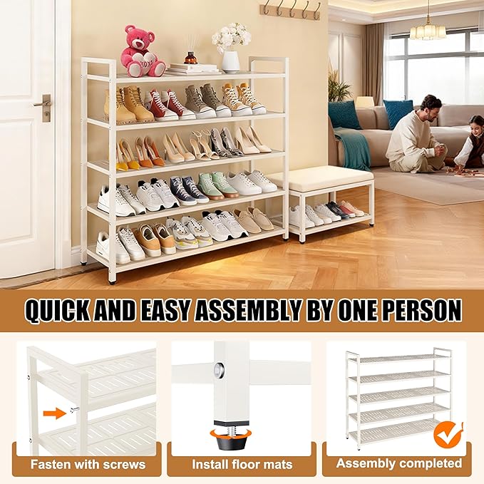 4-Tier Shoe Rack, Large Capacity Metal Free Standing Shoes Rack, Sturdy and Durable Shoe Organizer, Shoe Shelf for Closet, Entryway, Bedroom, for 24-28 Pairs, 42.1" W x 9.8" D x 27.6" H, White
