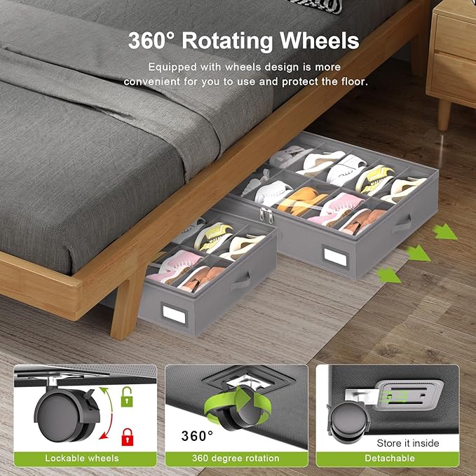 homyfort Under Bed Shoe Storage with Wheels, Fits 24 Pairs, Rolling Shoe Organizer with Bottom Support & Clear Lids, Sturdy Under Bed Storage Box for Shoes, Set of 2, Grey