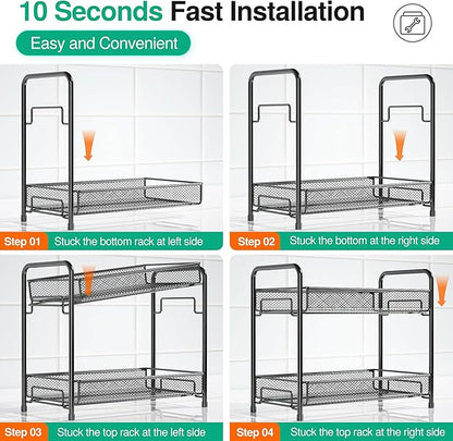 Spice Rack Organizer for Countertop,Xpatee 2-Tier Foldable Metal Rust-Proof Standing Large Seasoning Storage Shelf with Guardrail and Mesh Design for Kitchen Cabinet Bathroom Living Room Pantry, Black