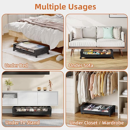 Somdot Under Bed Storage with Wheels, 2 Pack Bed Storage Containers with Dividers & Clear Lids, Easy Pull-out Metal Drawer for Clothes, Shoes,Toys, Blankets (Black)
