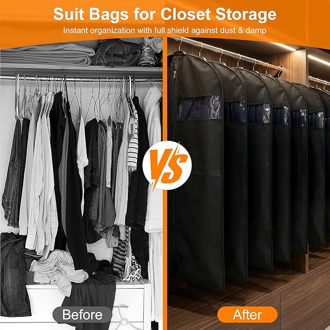 Garment Bags for Travel & Hanging Clothes, 55" Suit Bag for Closet Storage, Lightweight Dress Bags for Gowns Long, Dustproof Garment Covers with Clear Window & Reinforced Zipper, Black (1 Pack)