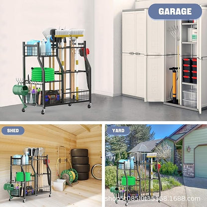 Extra Large Garden Tool Organizer Rack with Wheels, 3x2 Heavy Duty Garage Storage Stand Holds 60+ Tools, Black