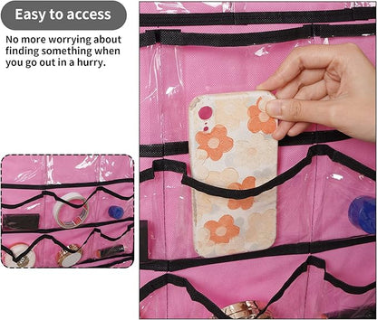 Closet Hanging Organizer, Dual Sided Hanging Wardrobe Storage Bags, 42 Clear Pockets Storage Hanger for Jewelry Socks Underwear (Pink)