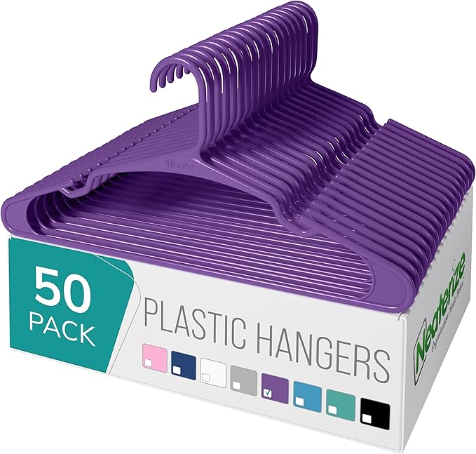 NEATERIZE Clothes Hangers Plastic 50 Pack For Adults - Plastic Hangers, The Perfect Coat Hanger and Space Saving Clothes Hangers for Closet, Percheros Ganchos para Colgar Ropa Hangars - Purple Hangers