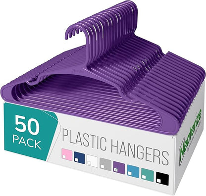 NEATERIZE Clothes Hangers Plastic 50 Pack For Adults - Plastic Hangers, The Perfect Coat Hanger and Space Saving Clothes Hangers for Closet, Percheros Ganchos para Colgar Ropa Hangars - Purple Hangers