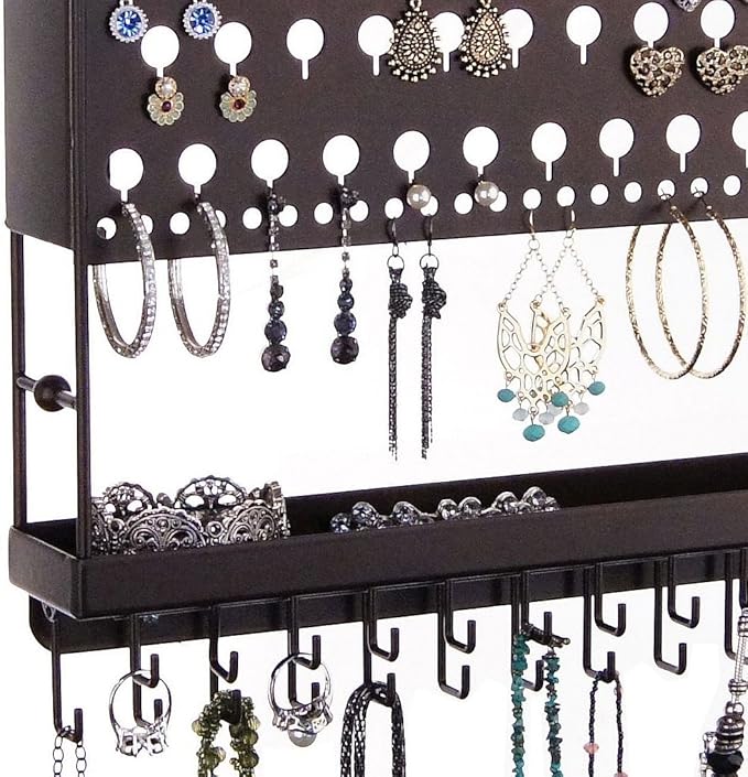 Angelynn's Wall Mounted Earring Holder Necklace Organizer for Small and Medium Post Stud Dangle Pierced Earrings, Hanging Closet Jewelry Storage Rack with Tray, AAA Rubbed Bronze 14 1/2" x16 1/4"