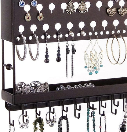 Angelynn's Wall Mounted Earring Holder Necklace Organizer for Small and Medium Post Stud Dangle Pierced Earrings, Hanging Closet Jewelry Storage Rack with Tray, AAA Rubbed Bronze 14 1/2" x16 1/4"