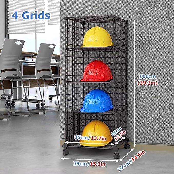 Stackable Safety Helmet Storage Boxes, Large Adjustable Hard Hat Placement Organizer Rack with Wheels for Construction Site/Garage/Workshop/Factory Helmet Display Shelf (1 * 4)