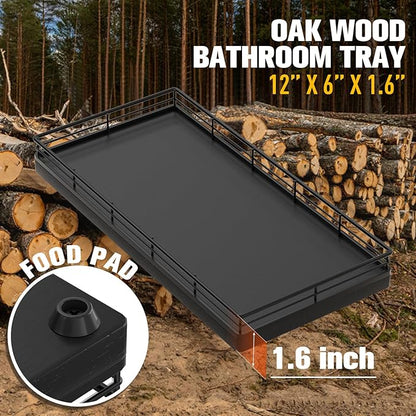 Bathroom Vanity Tray for Countertop, 12" x 6" Oak Wood Toilet Tank Tray with Metal Guardrail, Bathroom Organizer for Soap, Perfume & Skincare, Non-Slip Decorative Tray for Dresser & Vanity, Black