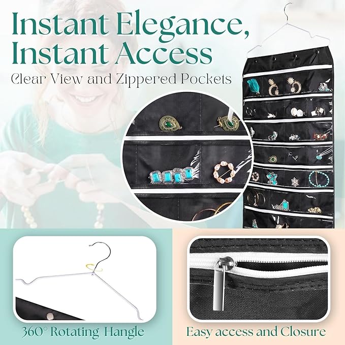 Flexzion Hanging Jewelry Organizer with Zippered Pockets - (1 Pack) Black Closet Jewelry Organizer Storage with Hanger, 56 Pockets Dual Sided Earring Organizer Hanging for Bracelets, Watches, Ring
