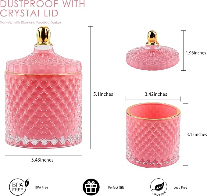 ALAMHI Pink Candy Jar, Glass Candy Dish with Lid, Crystal Apothocary Jars with Lids Jewelry Box with Lids, Decorative Glass Jar Gifts for Women