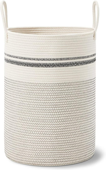 VIPOSCO Large Laundry Hamper, Tall Woven Rope Storage Basket for Blanket, Toys, Dirty Clothes in Living Room, Bathroom, Bedroom - 72L Stripe White