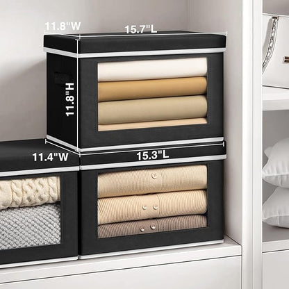 Homsorout Stackable Storage Bins with Lids - Large Decorative Basket with Lids, Fabric Foldable Closet Organizer Bins, Shelf Organizer for Living Room, Dorm, 5 Pack, Black