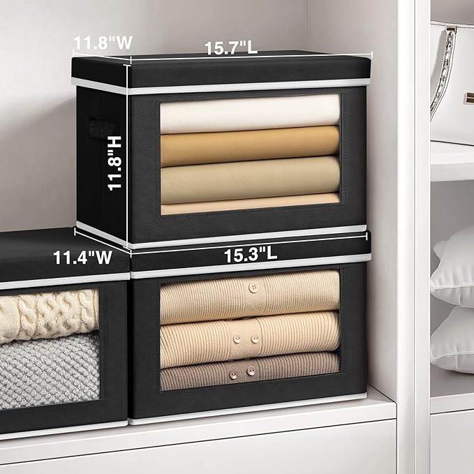 Homsorout Large Storage Bins with Lids - Fabric Storage Cubes with Window, Collapsible Bins for Clothes, 15.7 Inch Large Baskets for Bedroom, Dorm, Office, Black, 6 Pack