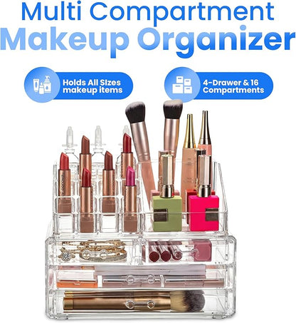 Masirs Clear Makeup Organizer - 16-Compartment Cosmetic and Jewelry Holder with 4 Drawers - Vanity Storage Box for Makeup, Skincare, Accessories, and Jewelry Display