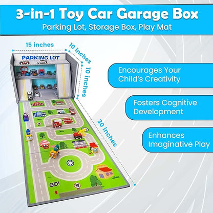SAM AND MABEL Toy Car Garage Box with Play Mat – Kids' Racecar Storage Basket, Stackable and Collapsible Organizer Bin (Cars Not Included) Gray