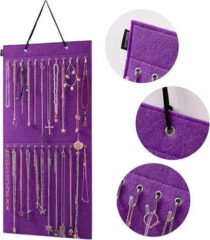 Wall Hanging Jewelry Organizer Storage with 24 Hook Wall Mounted Jewelry Display Hanging on Door Closet Necklace Holder for Bracelet Ring Chain-Patent Design(Purple)