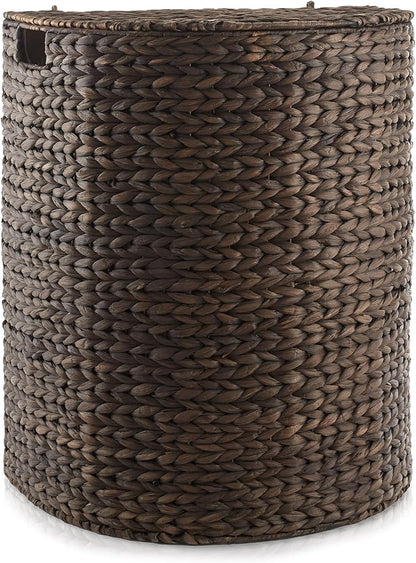 Casafield Half Moon Laundry Hamper with Lid and Removable Liner Bag - Espresso Dark Brown, Woven Water Hyacinth Laundry Basket for Clothes and Towels