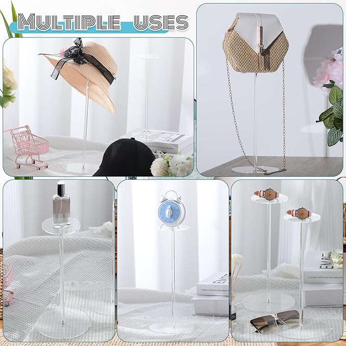 Qunclay 8 Pieces Clear Acrylic Hat Stand Wig Display Rack with Pedestal and Round Base Hat Holder Hat Display Stand Wig Holder for Multiple Wigs for Hat Watch Jewelry Display (13.8 Inch)