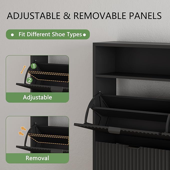 Xixini Shoe Cabinet with 4 Flip Drawers, 46" Tall Narrow Fluted Shoe Storage Organizer for Entryway, Hidden Slim Wooden Shoe Rack Cabinet for Front Door Entrance, Hallway, Living Room, Solid Black