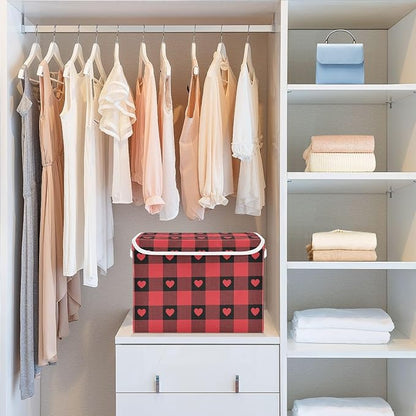 senya Valentines Storage Baskets Collapsible Storage Bins with Lids, Red Buffalo Check Gingham Love Heart Storage Boxes Clothes Baskets for Organizing
