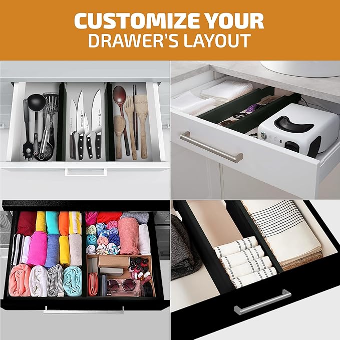 4-Pack Bamboo Drawer Dividers - 2.6 Inches High, Adjustable 16 to 22 Inches Expandable Drawer Organizers and Dresser Separators for Clothes, Utensils, Bedroom, Bathroom, Kitchen, Office, Black Wood