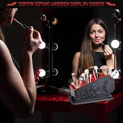 Gothic Coffin Decor Makeup Brush Holder,Spooky Witchy Gifts for Women,Bat Cosmetic Display Cases,Goth Decor Pen Holder, Vanity, Desk, Office Organizer for Bedroom Bathroom (Red)