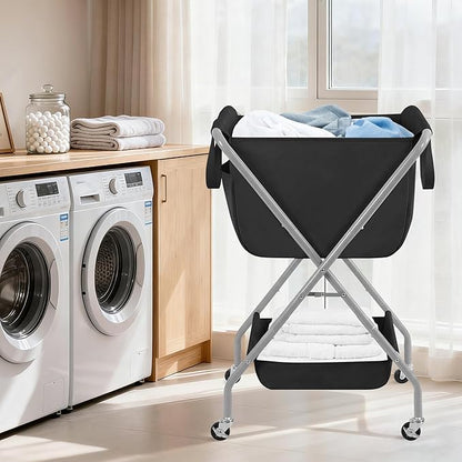 STORAGE MANIAC Collapsible Laundry Cart with Wheels 35.6"H Removable Canvas Bag Rolling Laundry Hamper Clothes Basket with Wheels, Sturdy Steel Frame Folding for Small Narrow Space Easy Storage, Black