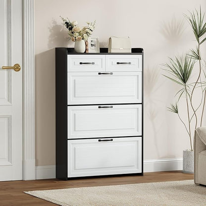 Shoe Cabinet with 3 Large Flip Drawers & 2 Storage Drawers, Narrow Shoe Organizer Cabinet Fits for Kinds of Shoes, Slim Shoe Storage Cabinet for Entryway, Hallway, Bedroom, Black and White