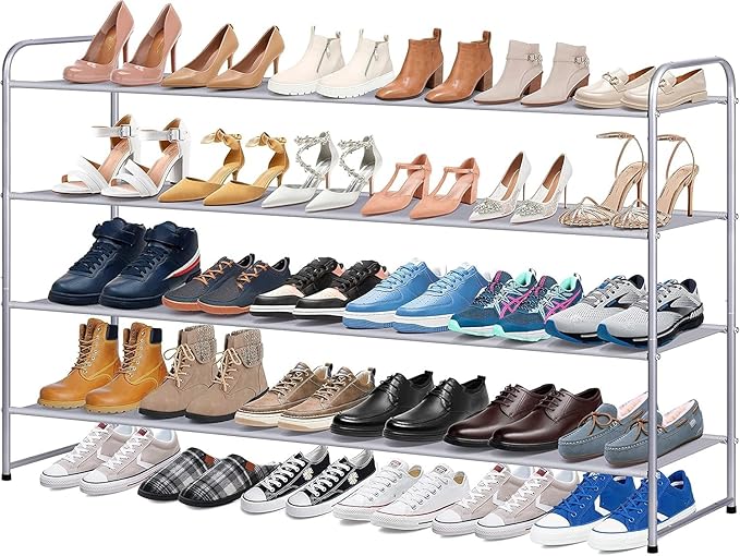 KIMBORA Long Shoe Rack for Closet, 30 Pairs Stackable Shoe Storage Organizer Wide 4 Tier Sneaker Shelf for Bedroom Floor (Grey)
