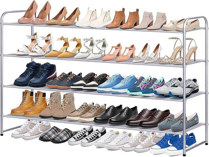 KIMBORA Long Shoe Rack for Closet, 30 Pairs Stackable Shoe Storage Organizer Wide 4 Tier Sneaker Shelf for Bedroom Floor (Grey)