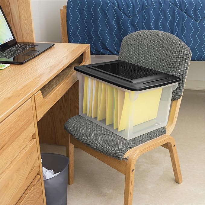 File Box, Clear Plastic Bin with Black Lid, Letter or Legal-Sized File Storage