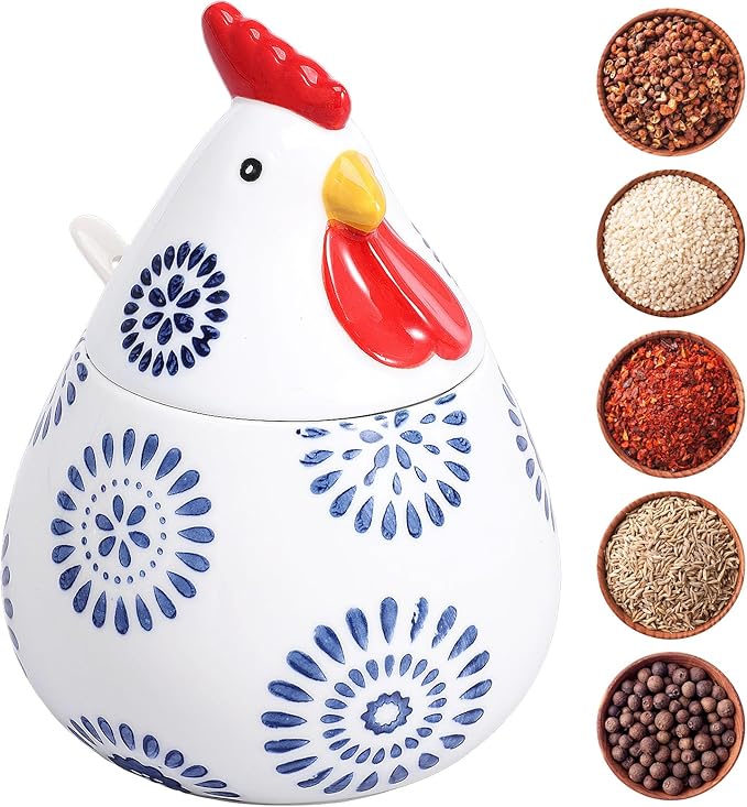 Ceramic Salt Cellar with Lid and Spoon,17oz Large Chicken Rooster Cookie Jar Salt Containers Holder for Countertop Spices,Cute Farmhouse Kitchen Decor,Spice Jar for Coffee,Sugar,Spices,Candies (#D)