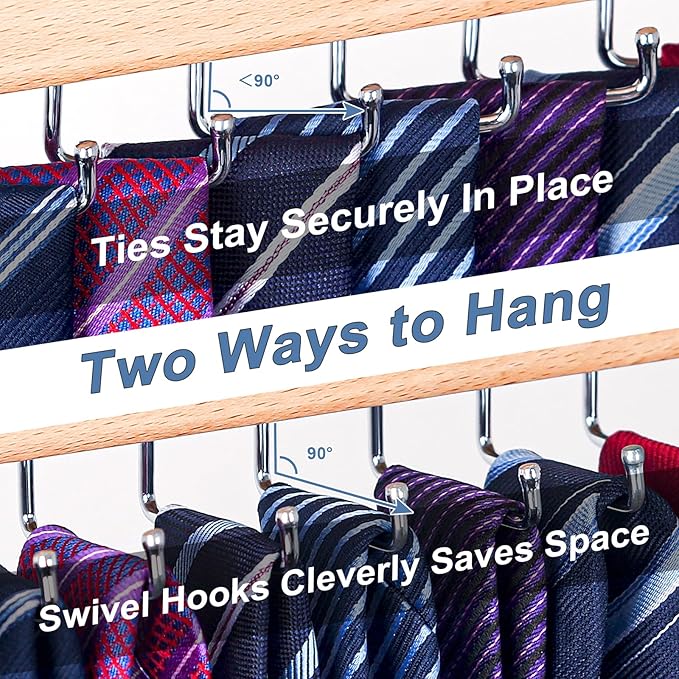 Belt and Tie Organizer for Closet, Tie and Belt Rack Wall Mounted with 20 Storage Hooks, Non Slip 180 Degree Rotating Tie Holder Belt Hanger for Closet / Wall Mount