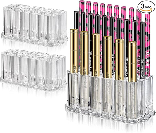 Foraineam 3 Pack Acrylic Eyeliner Lip Liner Holder Organizer, 26 Slots Makeup Brush Pencil Organization Container, Clear Cosmetic Storage Display Holder