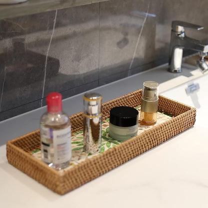 2 Pack Rattan Bathroom Vanity Tray with Mother of Pearl Inlay, Toilet Tank Tray, Toilet Basket Tank Topper, Bathroom Basket for Organizing and Decor (Green Leaves)