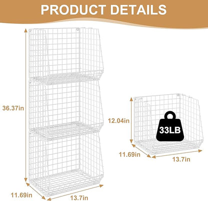 3 Pack Screw Mount Under The Wooden Shelf Laundry Room Organizer: Foldable Wire Basket Space Saving Over The Washer and Dryer - Laundry Organization and Storage, White Patent