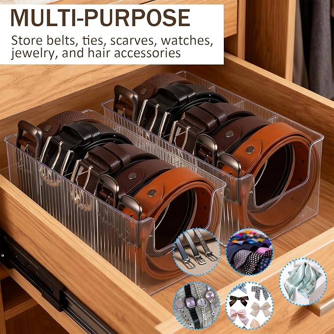 2-Pack Acrylic Belt Organizer for Closet & Drawer, Clear Belt Holder Display with 8 Detachable Compartments, Adjustable Storage Box for Belts, Ties, Bows, Wallets, and Jewelry