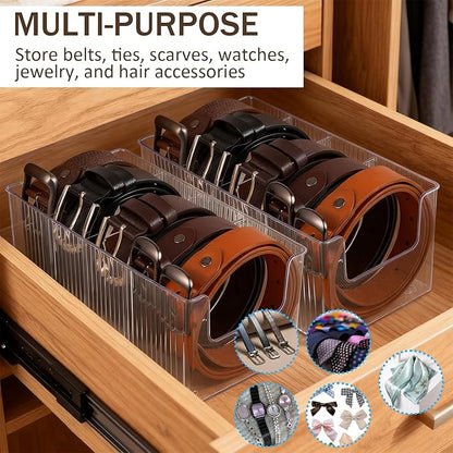 2-Pack Acrylic Belt Organizer for Closet & Drawer, Clear Belt Holder Display with 8 Detachable Compartments, Adjustable Storage Box for Belts, Ties, Bows, Wallets, and Jewelry