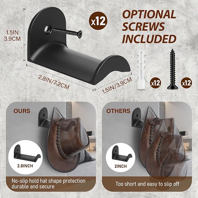 12 Pcs Cowboy Hat Rack for Wall, Hat Holder with Strong Adhesive Screws Bolts, Cowboy Hat Hook Hold up to 12 Hats, Hat Hanger for Baseball Caps Keys Accessories, Western Hat Hook Room Décor