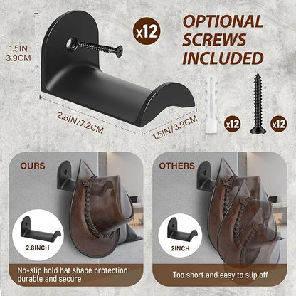 12 Pcs Cowboy Hat Rack for Wall, Hat Holder with Strong Adhesive Screws Bolts, Cowboy Hat Hook Hold up to 12 Hats, Hat Hanger for Baseball Caps Keys Accessories, Western Hat Hook Room Décor