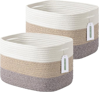 ECDYQXVU Cotton Rope Storage Basket, 15x10x9 Inches, Woven Basket for Shelves, Clothes, Towels, Books, and Laundry, White Brown (2 Pack)