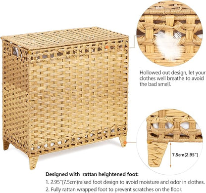 Laundry Hamper with 3 Removable Liner Bags; 132L Handwoven Rattan Laundry Basket with Lid & Heightened Feet; Clothes Hamper with Side Handles; Laundry Sorter with 3 Separate Sections