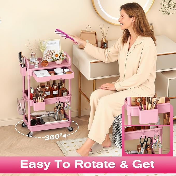 Goovilla Rolling Makeup Organizer Cart with Removable Drawer, 3 Tier Stable Pink Floor Skincare Storage Cart for Vanity, Cosmetic Display, Nail Polish, Perfume, Hair Stuff, Beauty, Bathroom(Plastic)