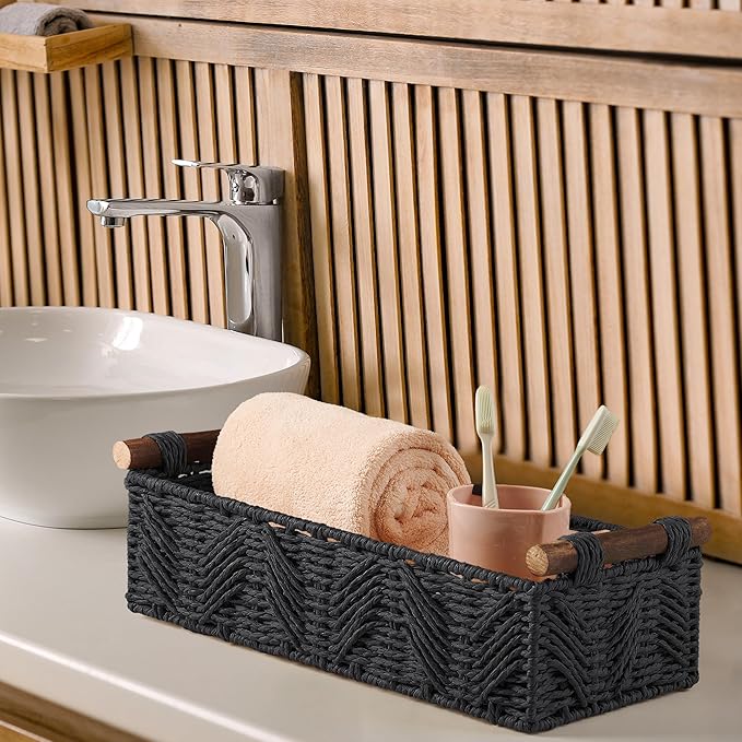Bathroom Baskets for Organizing with Handle Decorative Basket for Bathroom Countertop Storage Toilet Paper Storage Basket for Toilet Tank Top Small Baskets Set,Black