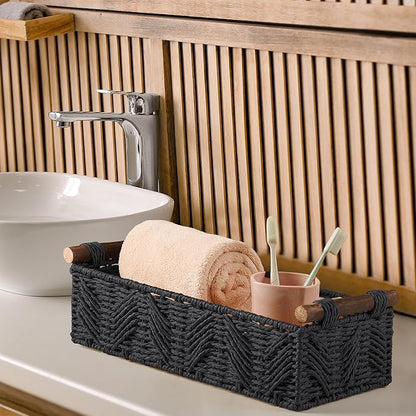 Bathroom Baskets for Organizing with Handle Decorative Basket for Bathroom Countertop Storage Toilet Paper Storage Basket for Toilet Tank Top Small Baskets Set,Black