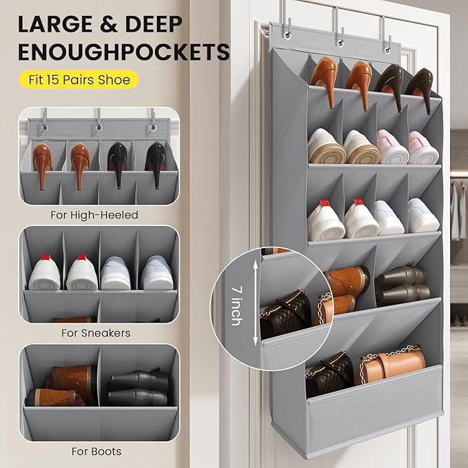 18 Pairs Over the Door Shoe Organizer, Shoe Rack for Closet Door with Large Breathable Pockets, Hanging Shoes Rack for Boots, Behind the Door Organizer Shoe Holder for Categorized Storage, Grey ﻿