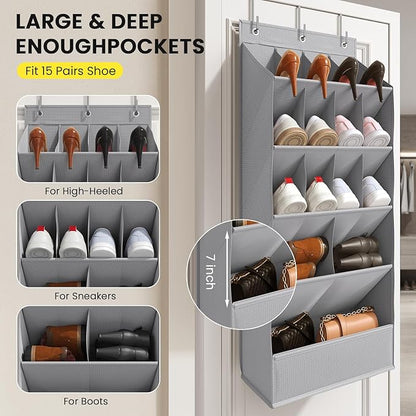 18 Pairs Over the Door Shoe Organizer, Shoe Rack for Closet Door with Large Breathable Pockets, Hanging Shoes Rack for Boots, Behind the Door Organizer Shoe Holder for Categorized Storage, Grey ﻿
